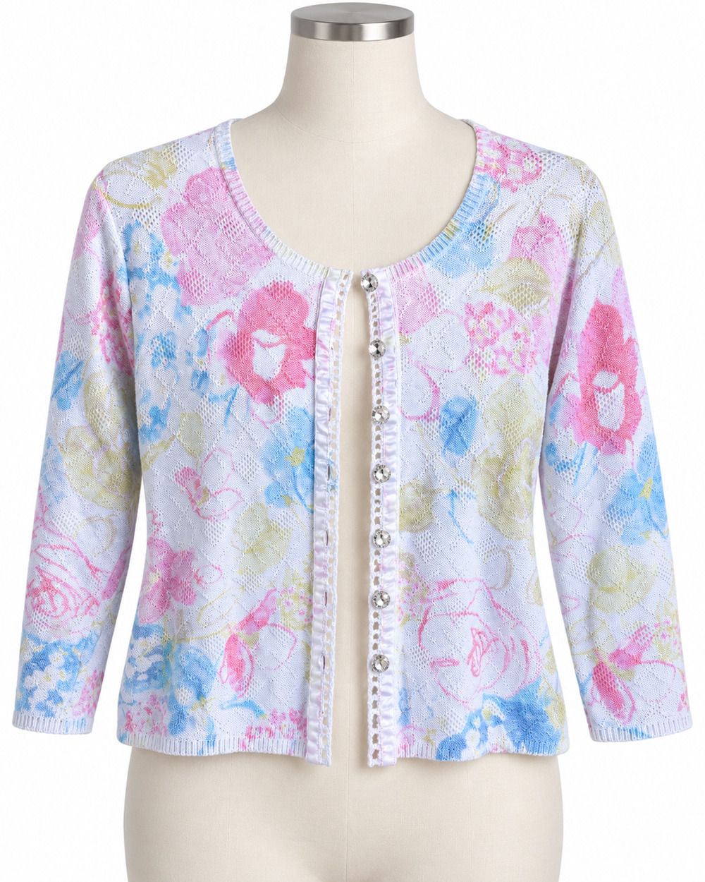 Sigrid Olsen Vintage Women's Pink Floral Knit Cardigan Rhinestone Button Large